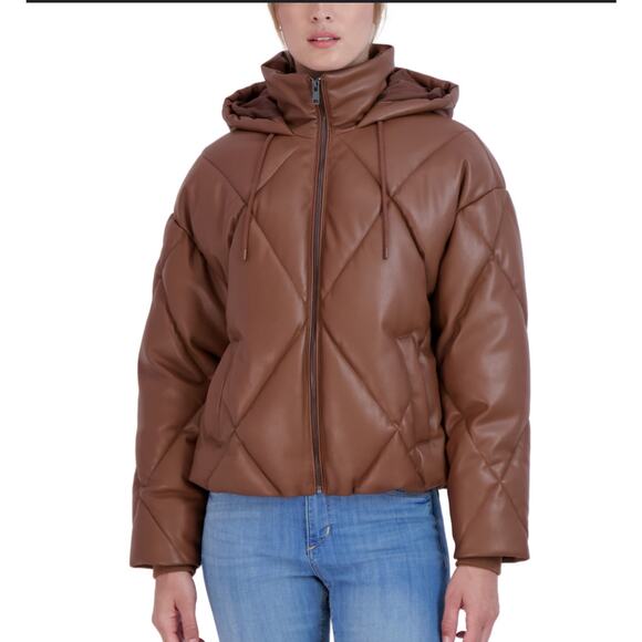 SEBBY Collection Faux Leather Short Puffer Jacket In Toffee - Picture 1 of 6